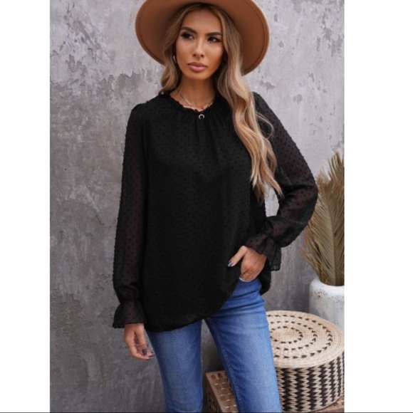 Black Ruffled Crewneck Swiss Dot Bubble Blouse - Picture 2 of 5